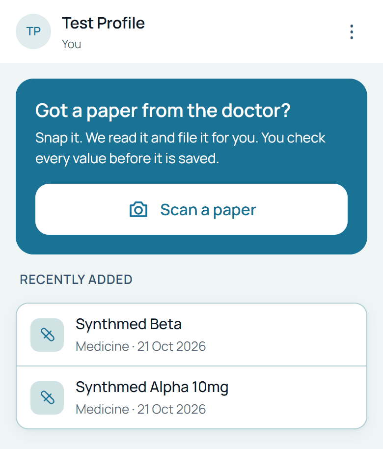 The Lexiome home screen on a phone: a Scan a paper button and a list of two recently added medicines.